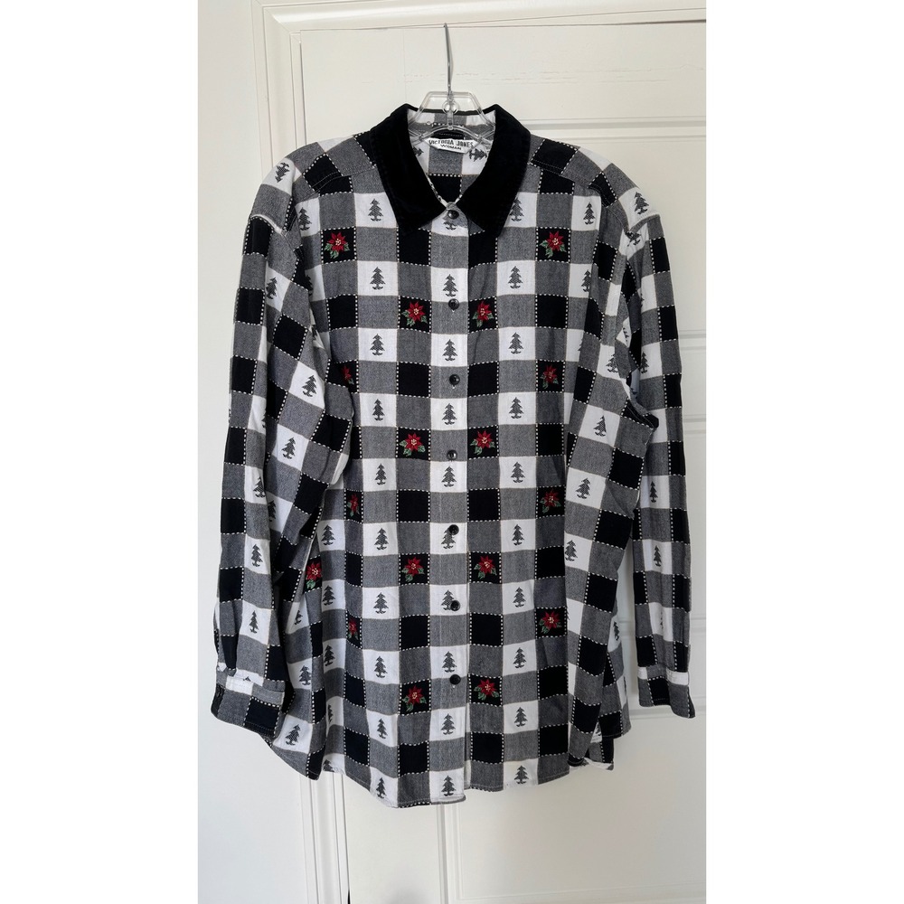 VTG Victoria Jones 2X Embroidered Poinsettia‎ Trees Black White Check Button Up